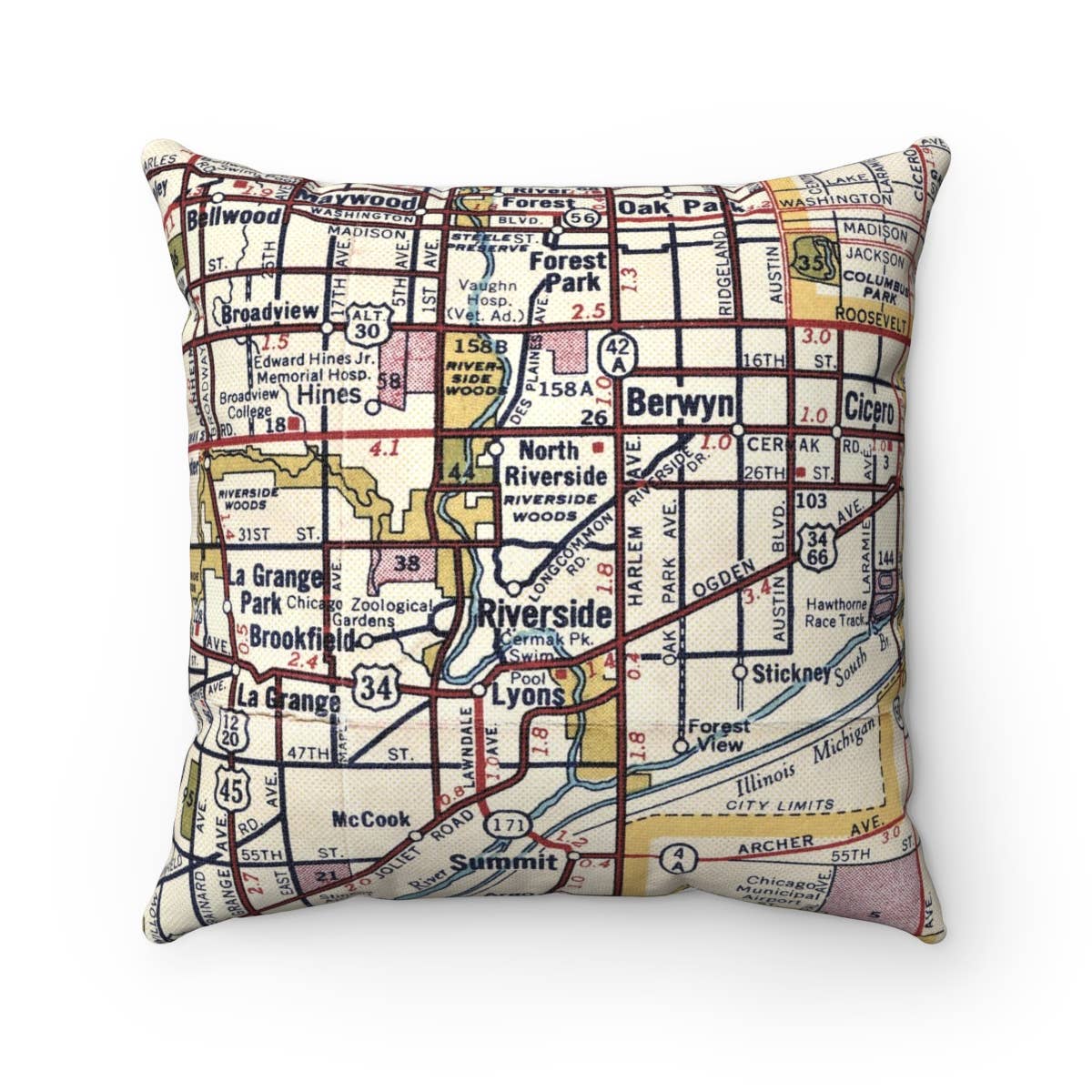 Riverside Illinois vintage map throw pillow
