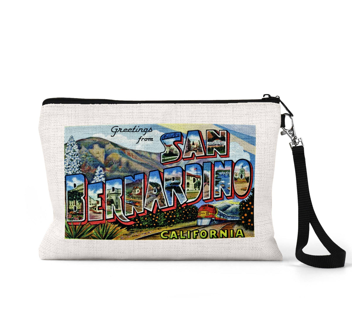 San Bernardino California vintage postcard wristlet travel pouch
