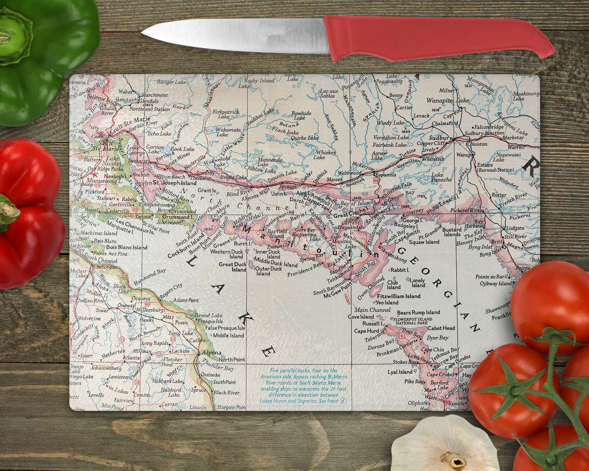 Manitoulin Island Ontario vintage map glass cutting board