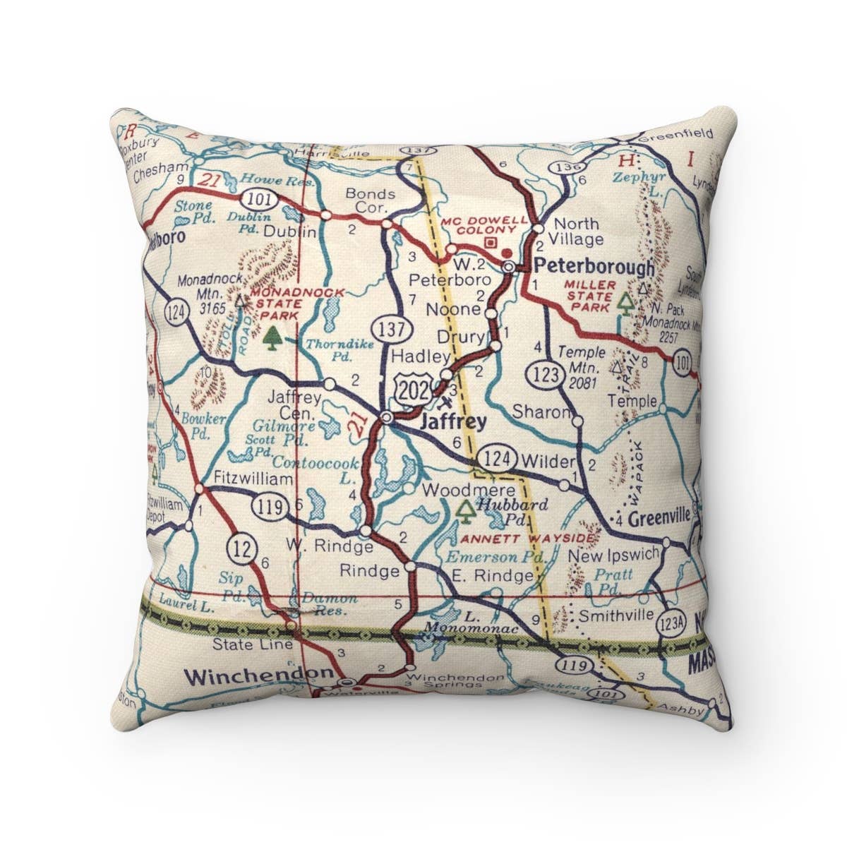 Jaffrey New Hampshire vintage map throw pillow