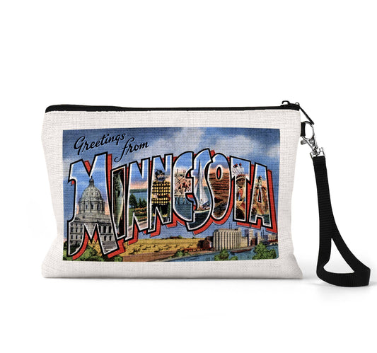 Minnesota vintage postcard wristlet travel pouch