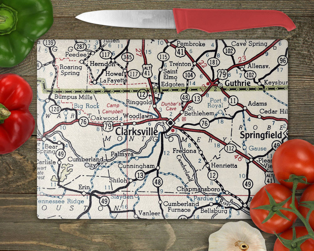 Clarksville Tennessee vintage map glass cutting board