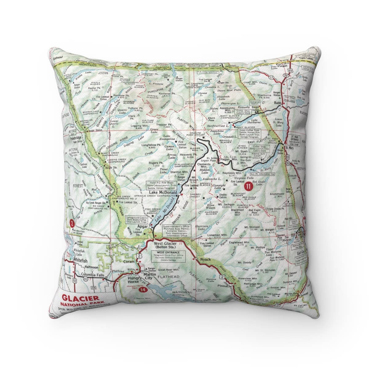 Glacier National Park Montana vintage map throw pillow