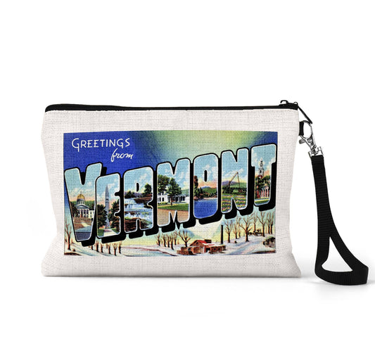 Vermont vintage postcard wristlet travel pouch