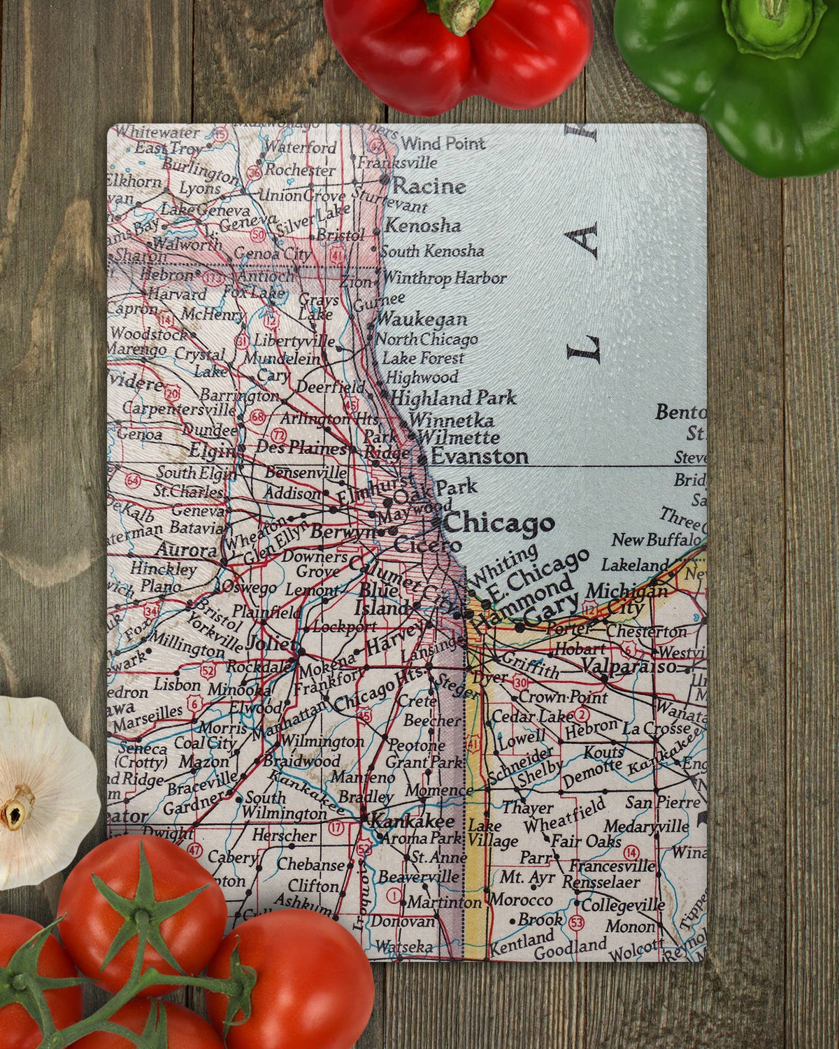 Chicagoland Illinois vintage map glass cutting board
