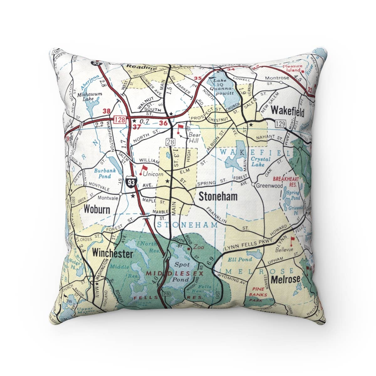 Stoneham Massachusetts vintage map throw pillow