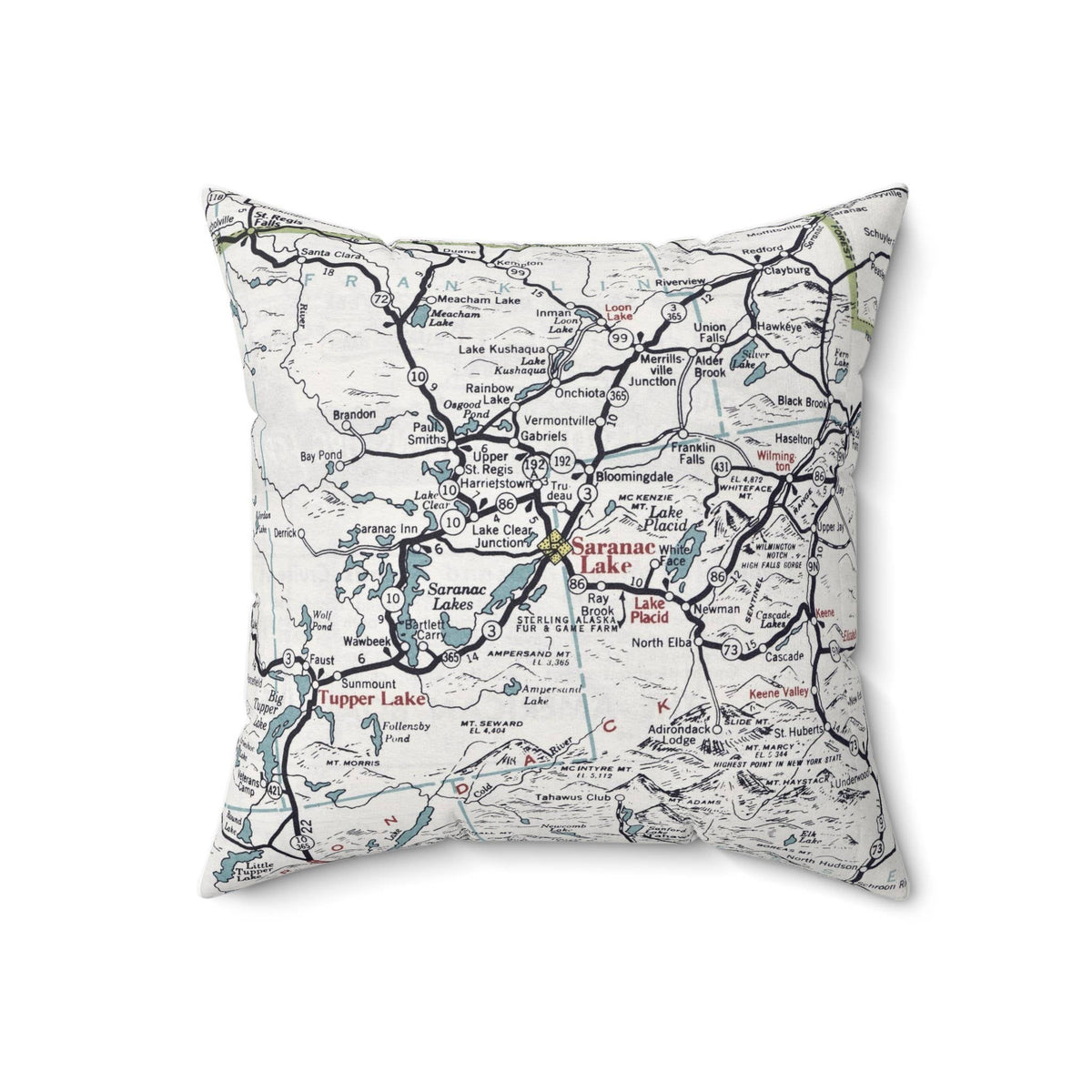 Saranac Lake New York vintage map throw pillow