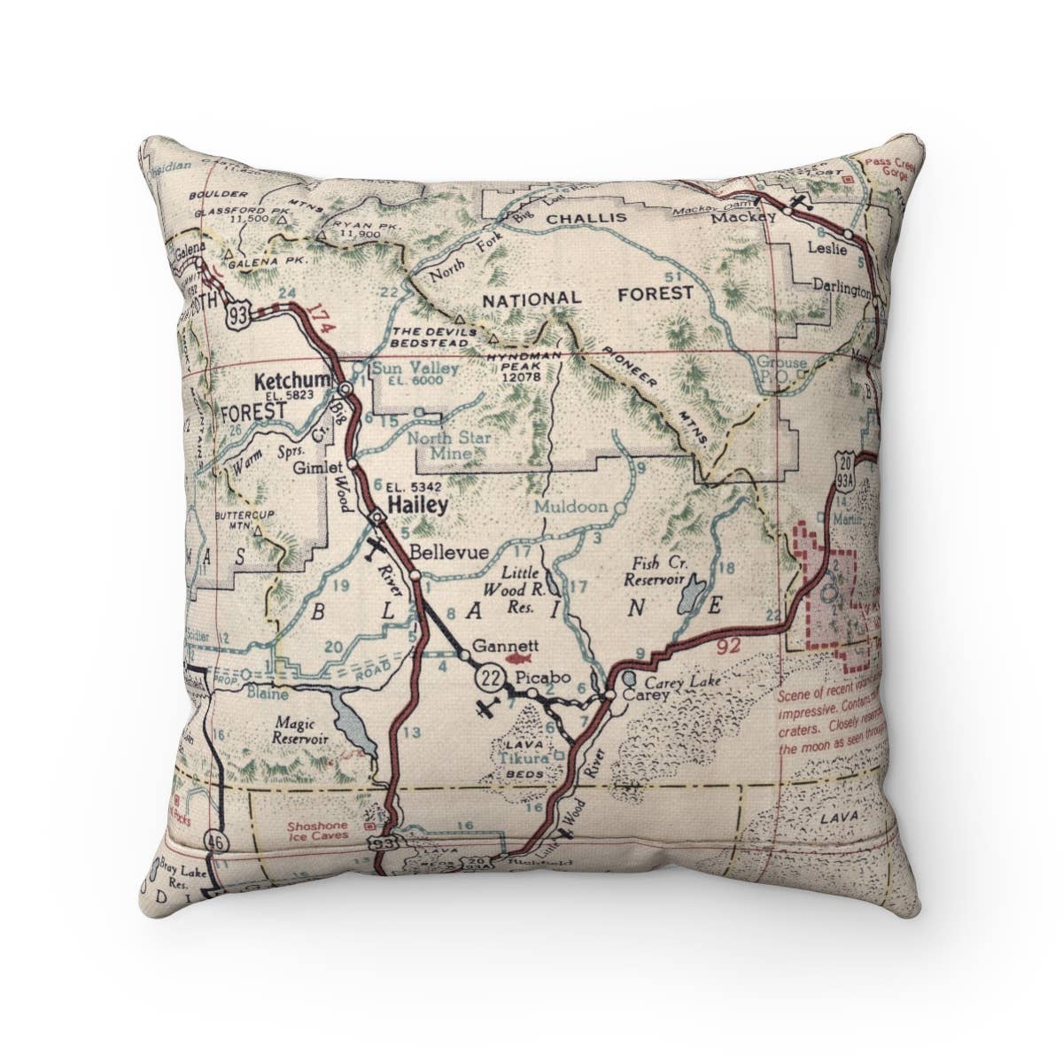 Picabo Idaho vintage map throw pillow