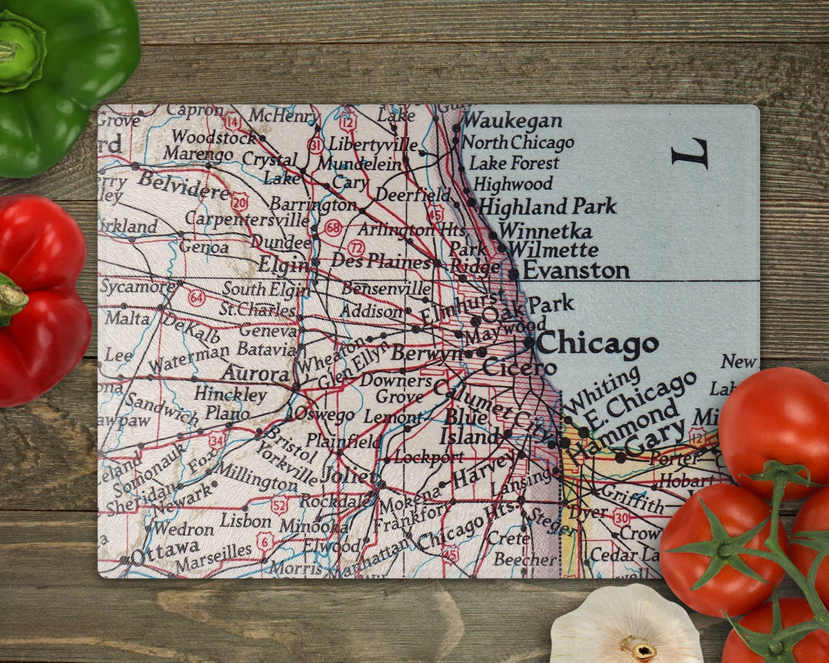 Chicagoland Illinois vintage map glass cutting board