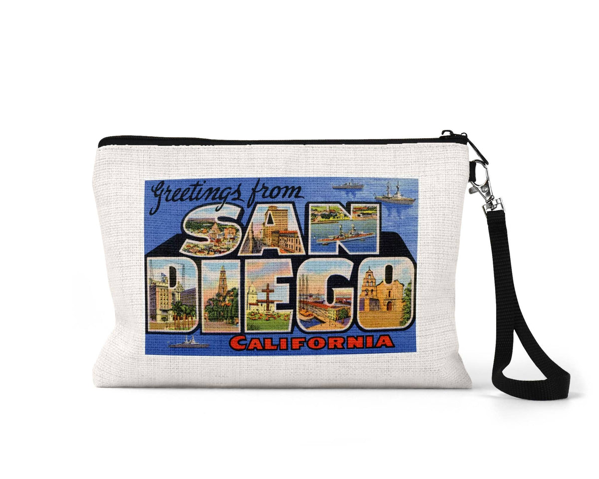 San Diego California vintage postcard wristlet travel pouch