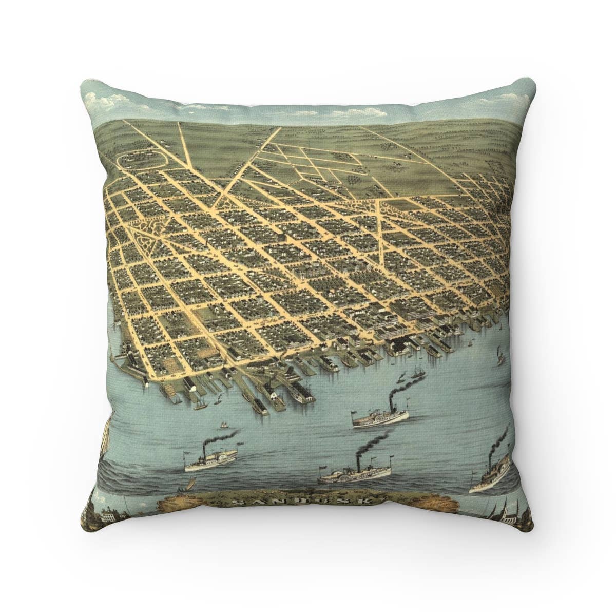 Sandusky Ohio Birdseye View vintage throw pillow