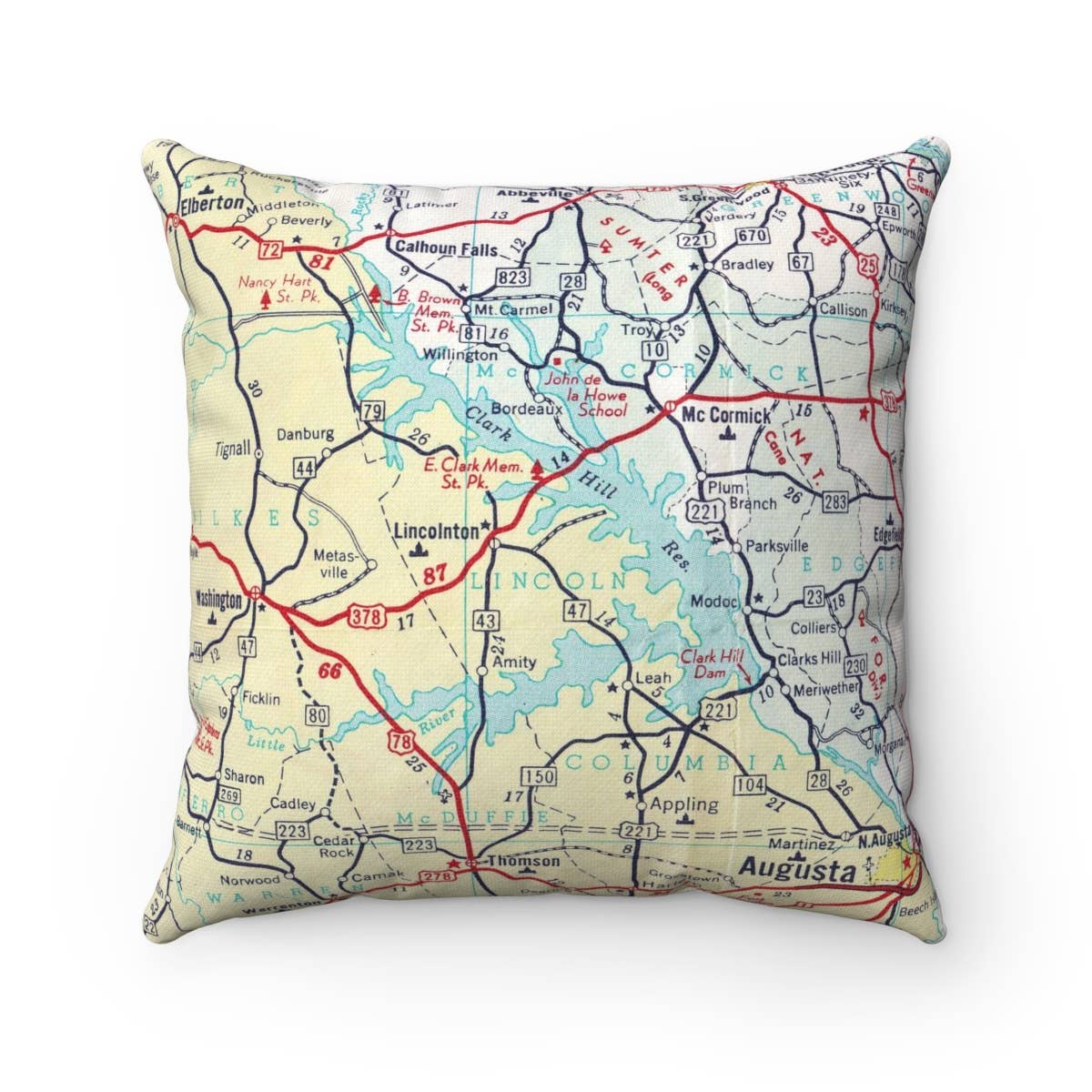 Lake Thurmond Clarks Hill Lake vintage map throw pillow