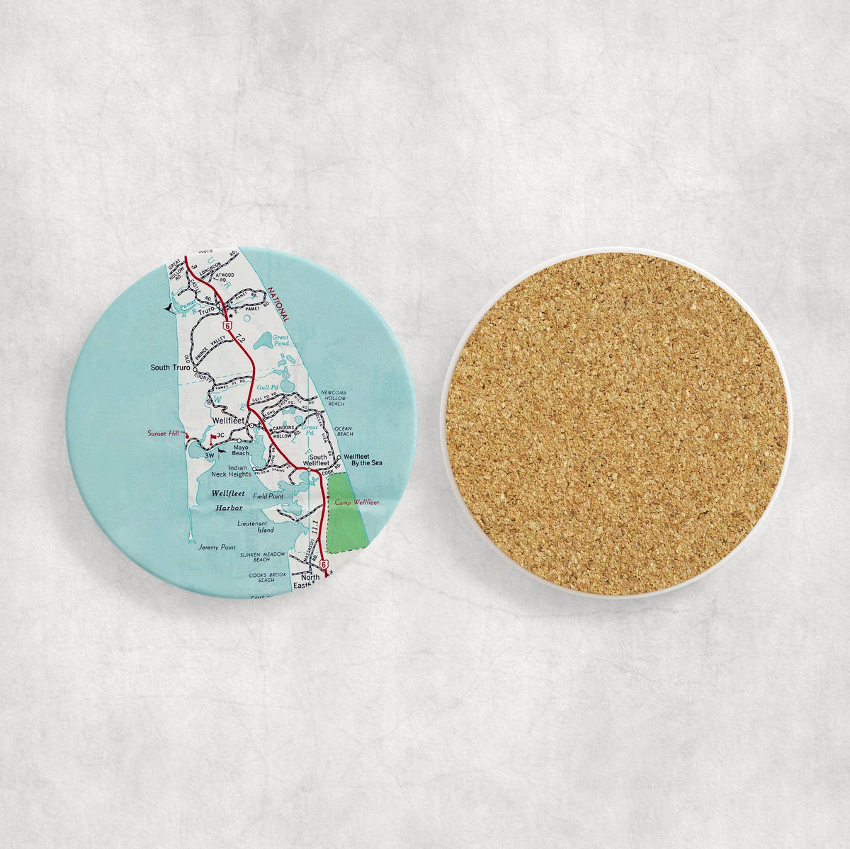 Wellfleet Massachusetts vintage map ceramic coaster with cork back