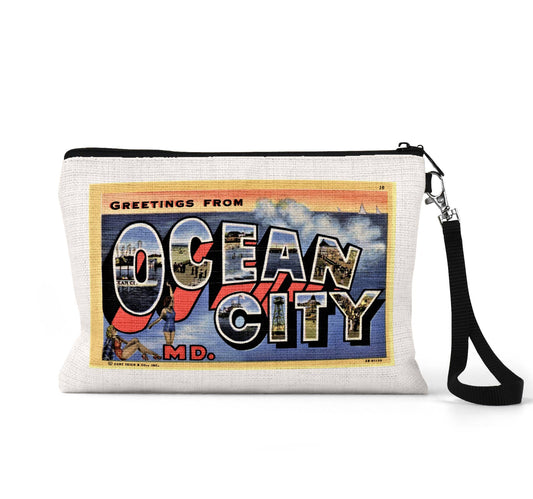 Ocean City Maryland vintage postcard wristlet travel pouch