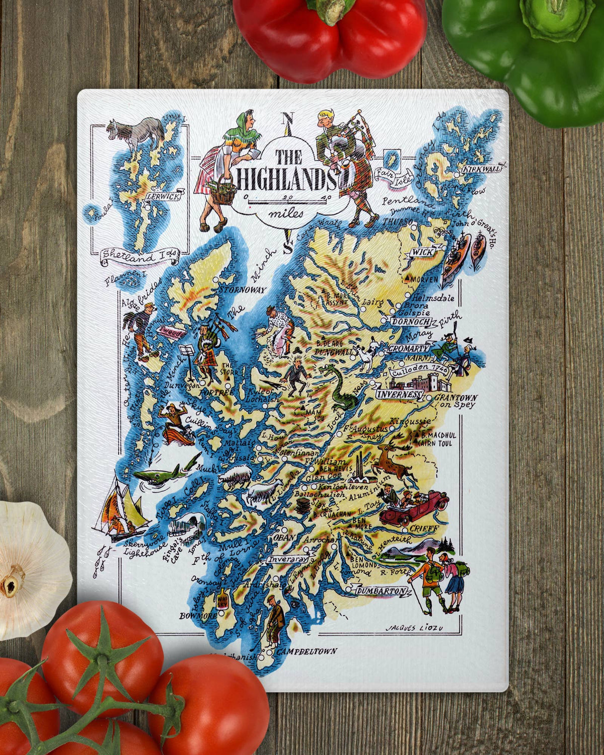 Scottish Highlands vintage map glass cutting board