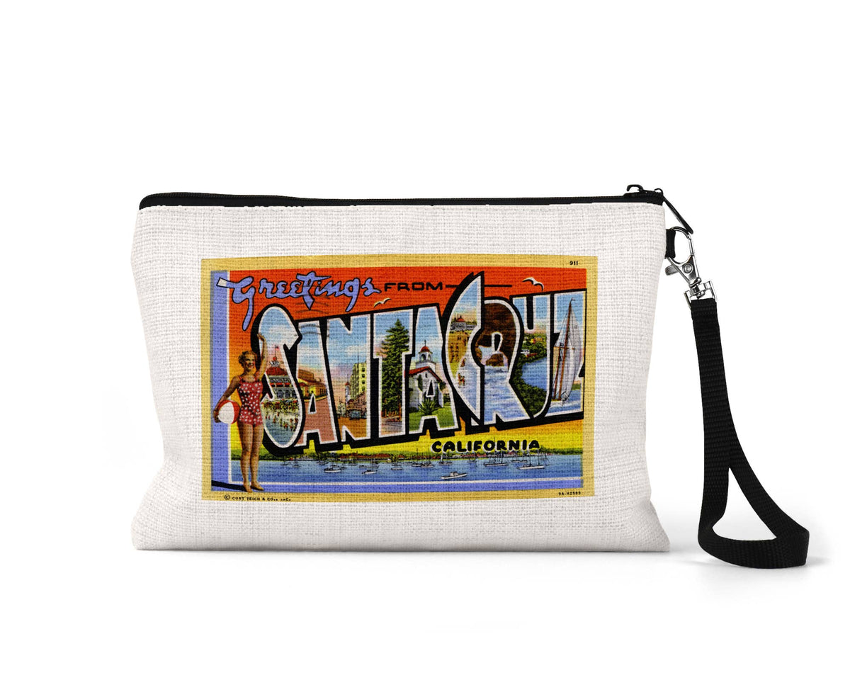 Santa Cruz California vintage postcard wristlet travel pouch