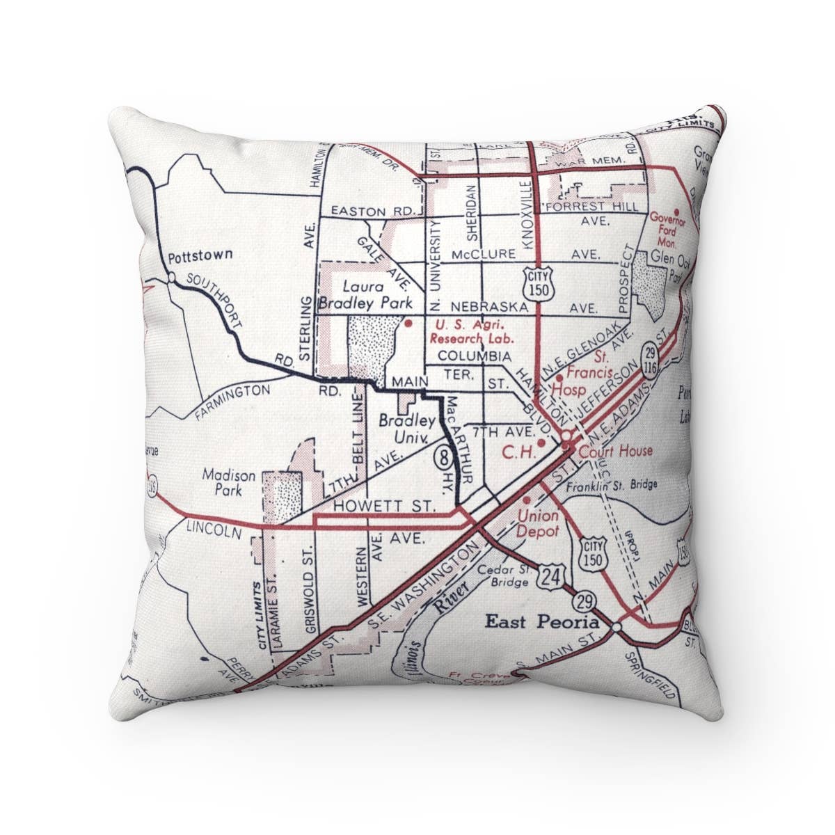 Bradley University Peoria Illinois vintage map throw pillow