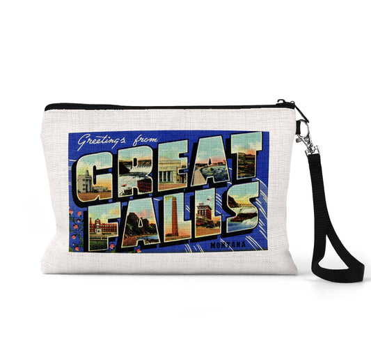 Great Falls Montana vintage postcard wristlet travel pouch