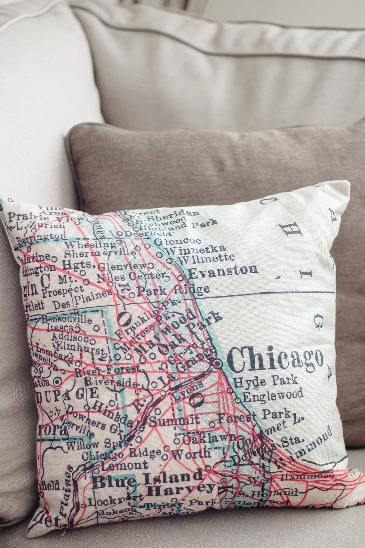 Vintage map throw pillow close-up