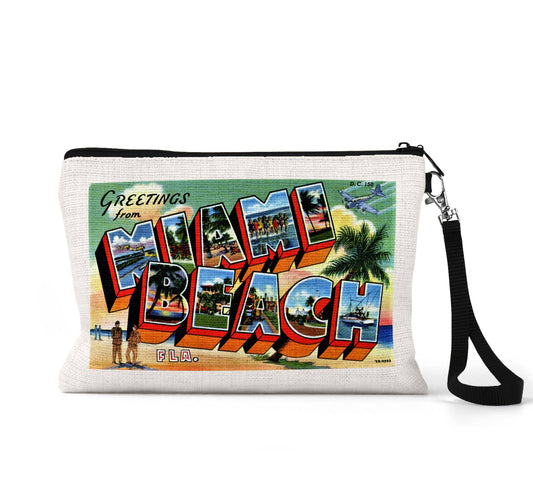 Miami Beach Florida vintage postcard wristlet travel pouch