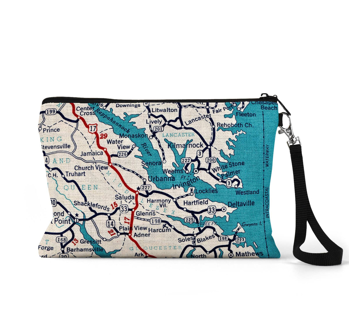 Urbanna Virginia map wristlet travel pouch