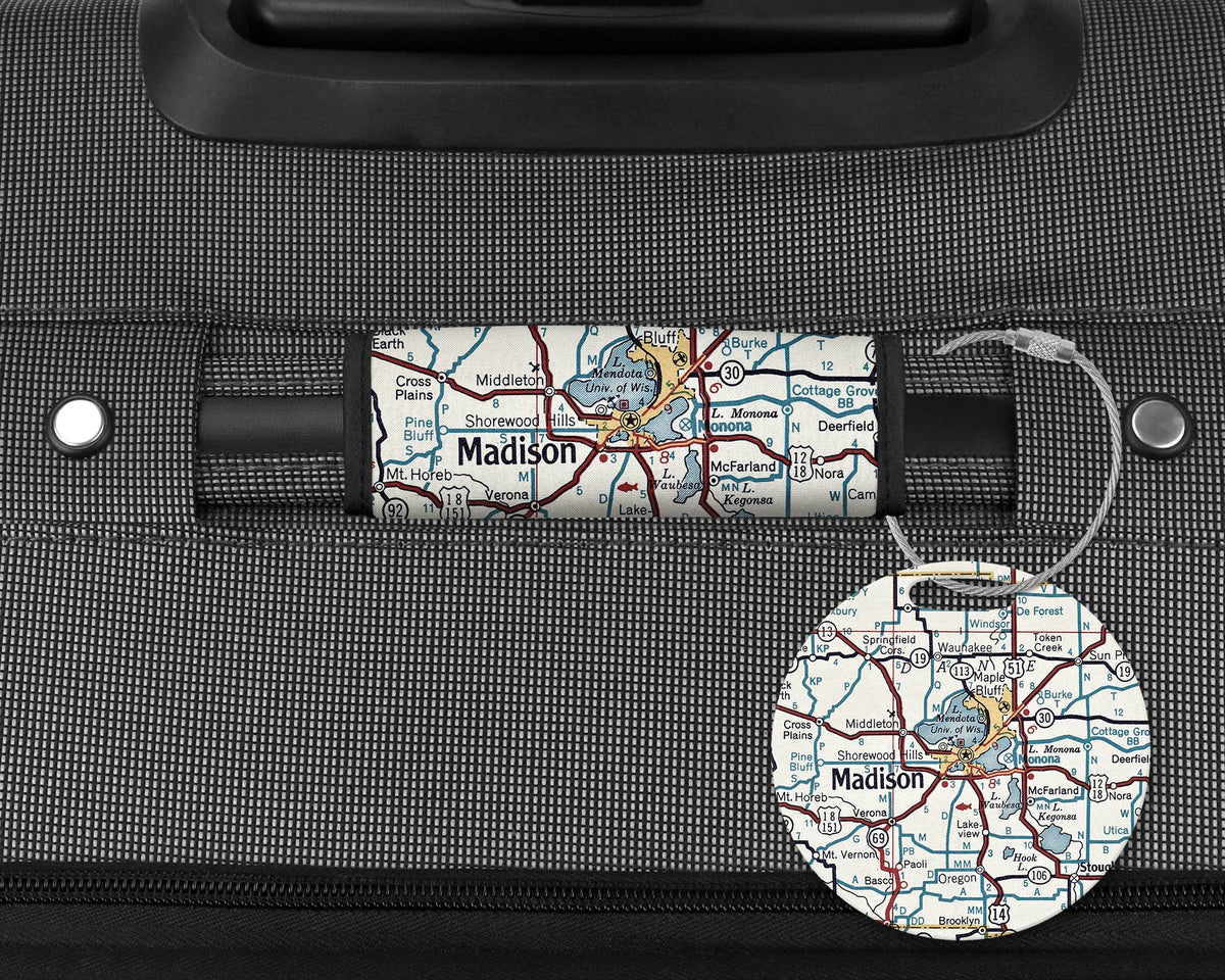 Madison Wisconsin Map Luggage Tag and Handle Wrap