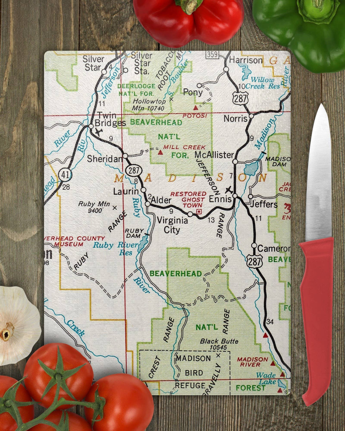 Virginia City Montana vintage map glass cutting board