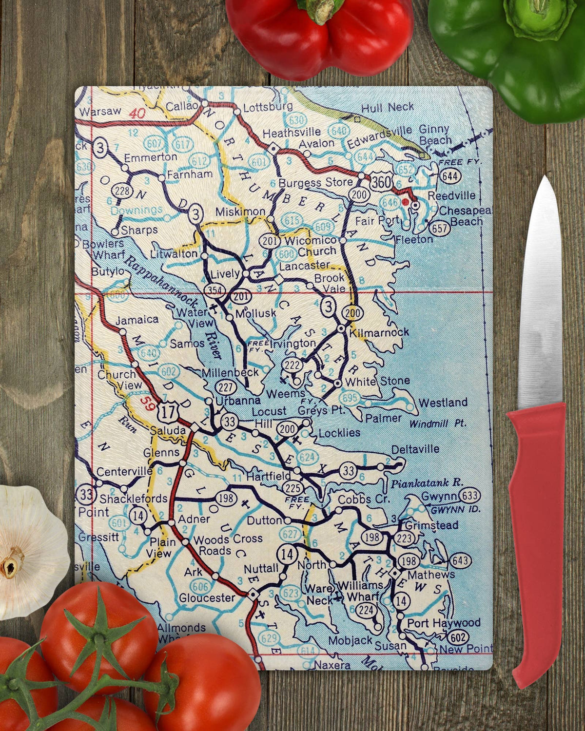 Virginia Three Peninsulas vintage map glass cutting board