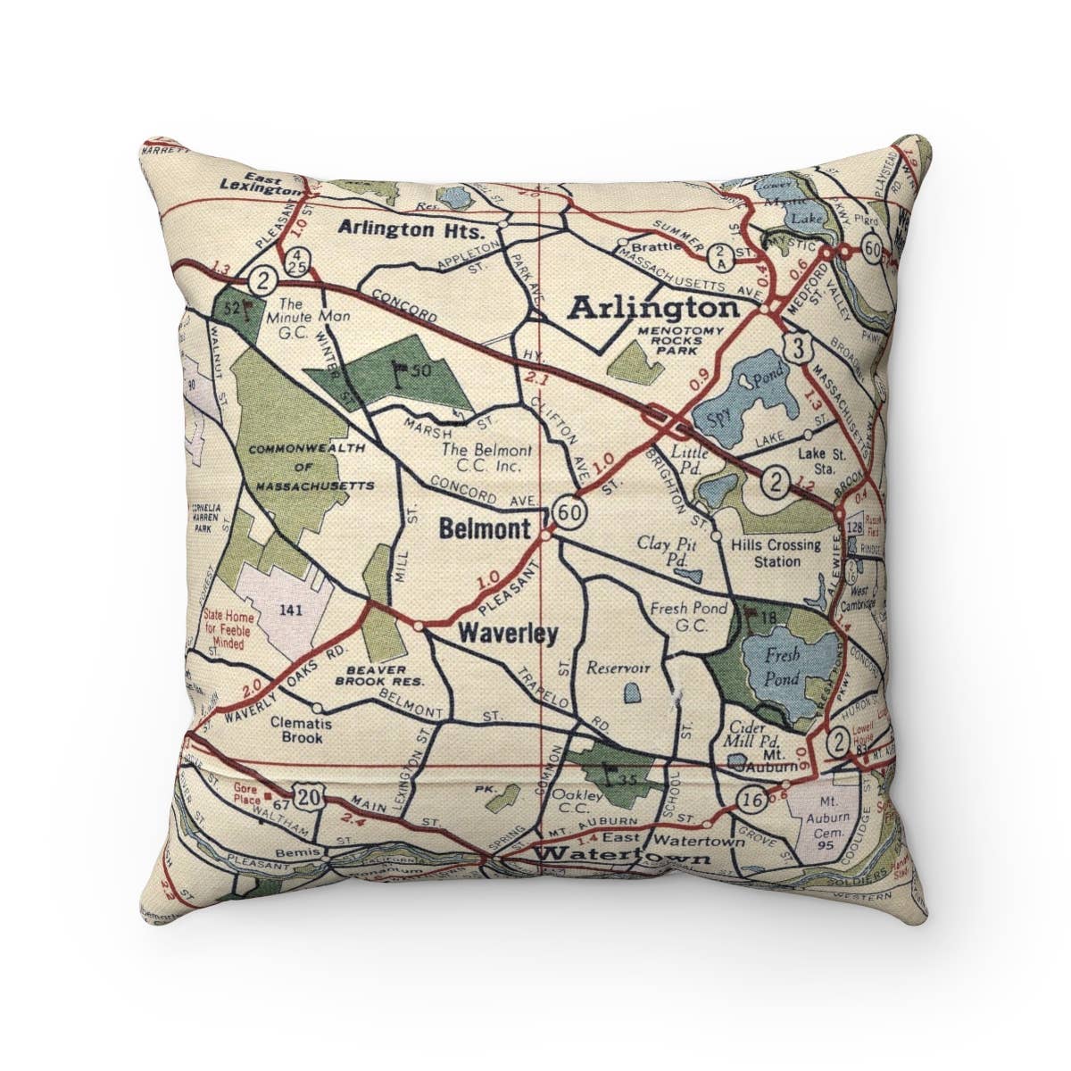 Belmont Massachusetts vintage map throw pillow