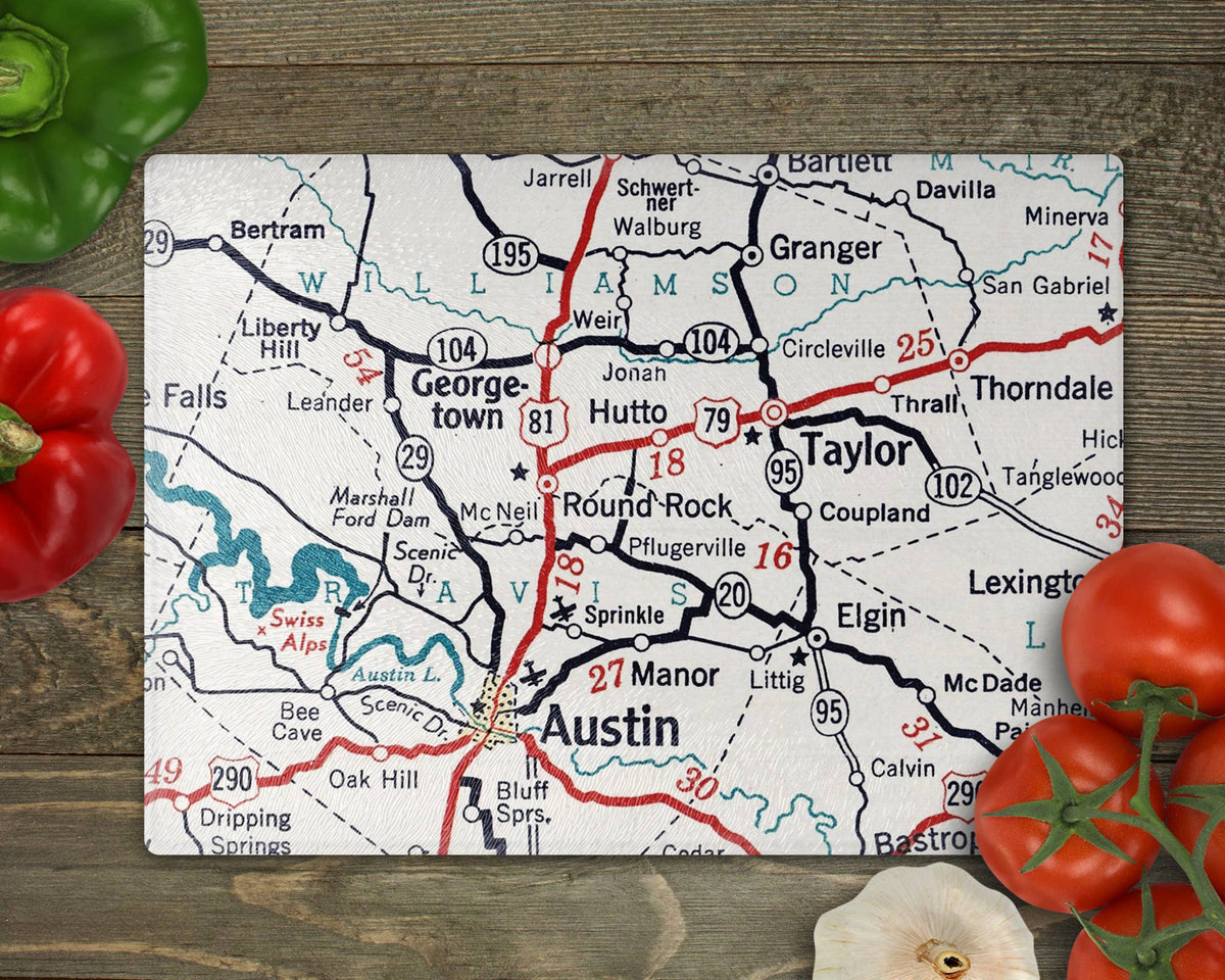 Round Rock Texas vintage map glass cutting board