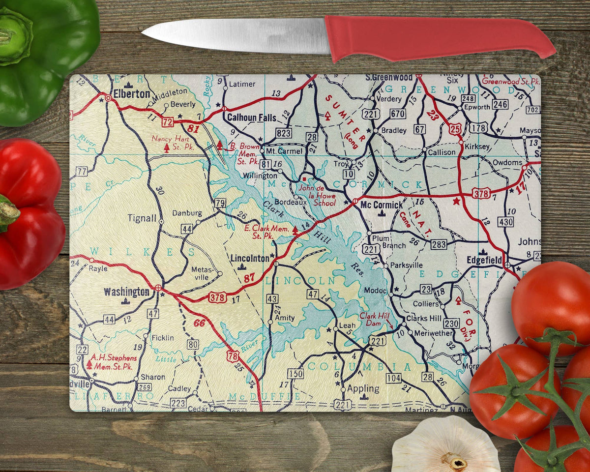 Clark Hill Lake vintage map glass cutting board