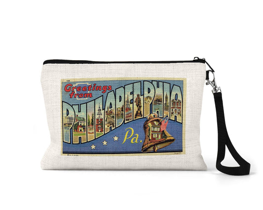 Philadelphia vintage postcard wristlet travel pouch
