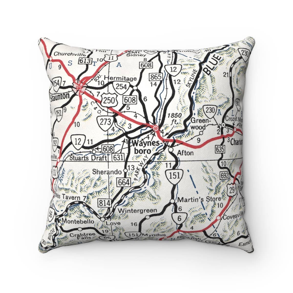 Waynesboro Virginia vintage map throw pillow