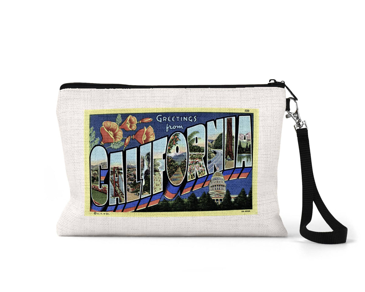 California vintage postcard wristlet travel pouch