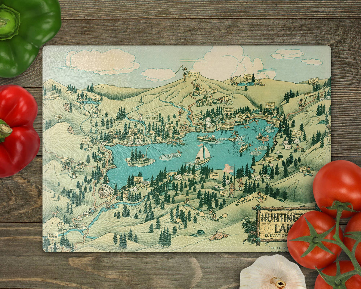 Huntington Lake California vintage map glass cutting board