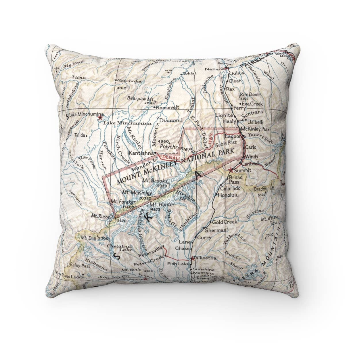 Denali Mountain Range Alaska vintage map throw pillow
