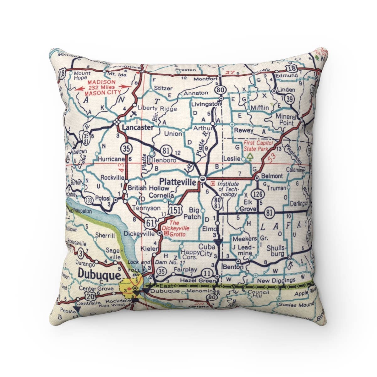 Platteville Wisconsin vintage map throw pillow