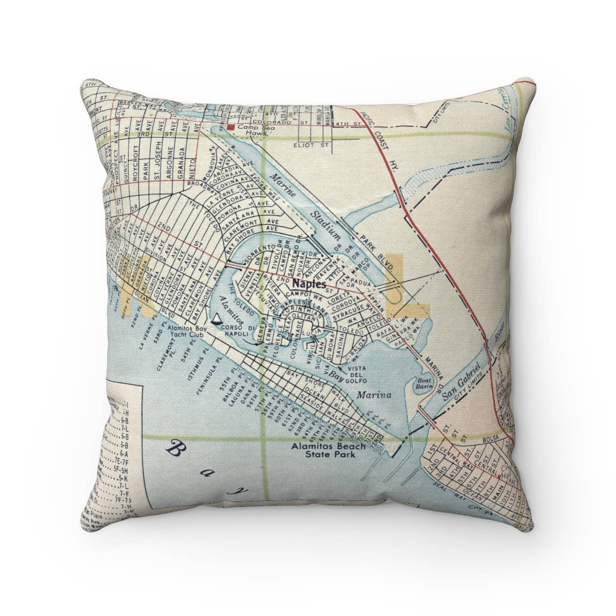 Naples California Long Beach vintage map throw pillow