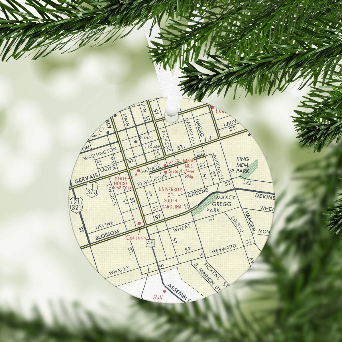 University of South Carolina Columbia vintage map Christmas ornament