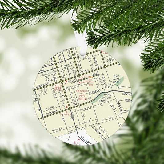 University of South Carolina Columbia vintage map Christmas ornament