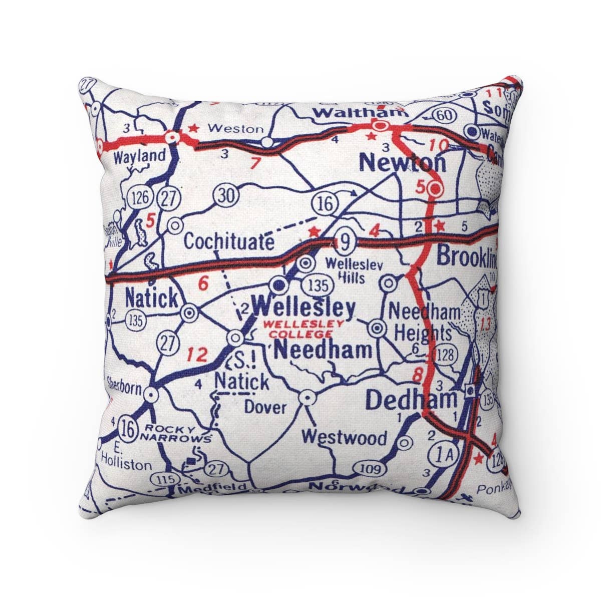 Wellesley Massachusetts vintage map throw pillow