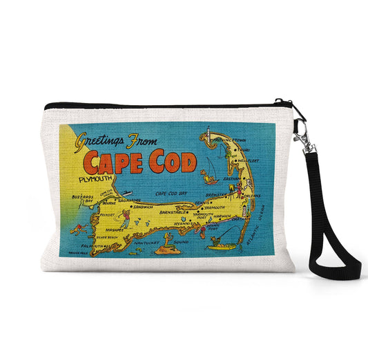 Cape Cod Massachusetts vintage postcard wristlet travel pouch
