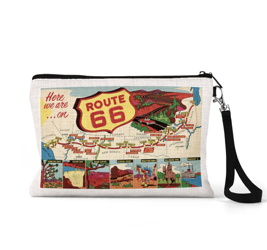 Route 66 vintage postcard wristlet travel pouch