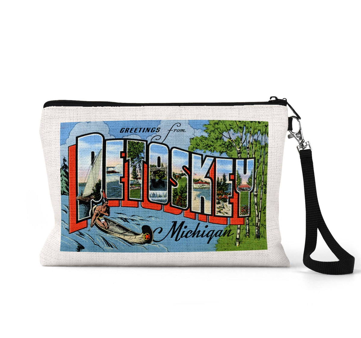 Petoskey Michigan vintage postcard wristlet travel pouch