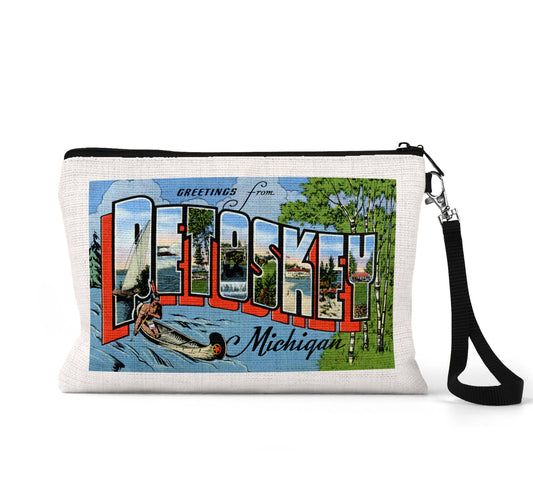 Petoskey Michigan vintage postcard wristlet travel pouch