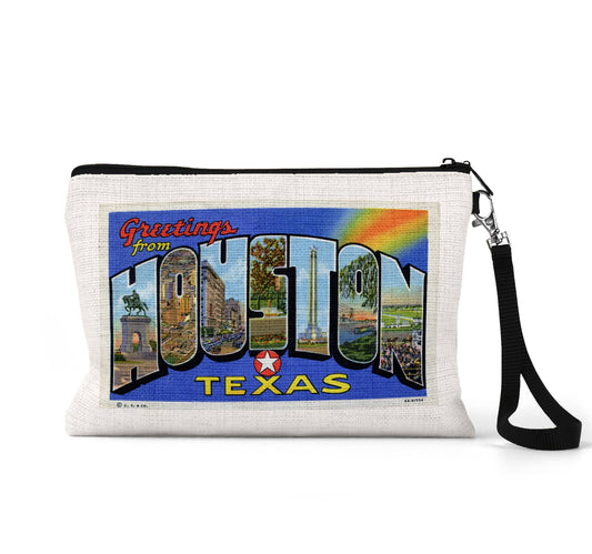 Houston Texas vintage postcard wristlet travel pouch