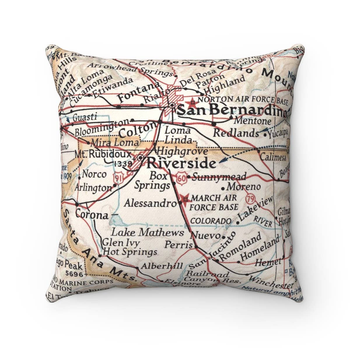 Riverside California vintage map throw pillow