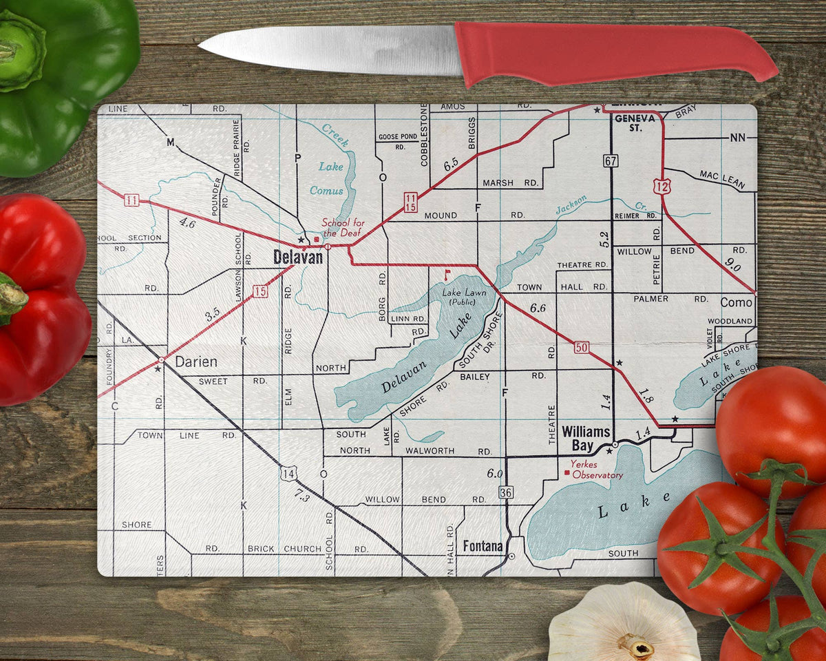 Delavan Lake Wisconsin vintage map glass cutting board