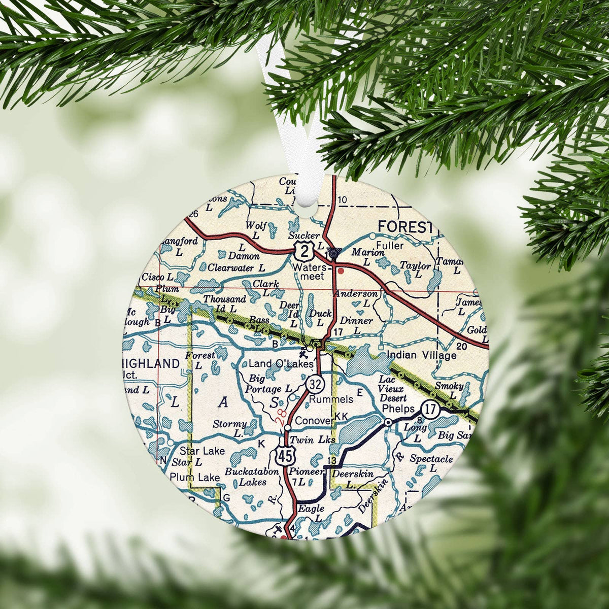 Land O Lakes Wisconsin vintage map Christmas ornament