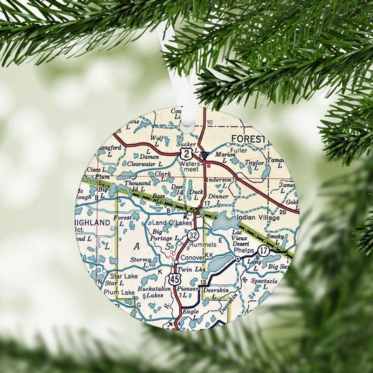 Land O Lakes Wisconsin vintage map Christmas ornament